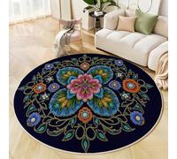 Traditional Cultural Elements Rugs Round 80 Cm Living Room Non-Slip Area Rug Round Shaggy Machine Washable Floor Carpet Short Pile Soft Flowers, Vines Circle Rug Blue For Living Rooms, Bedrooms