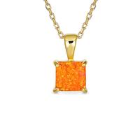 Traditional Dainty Square Solitaire Princess Cut Orange Created Opal Gemstone Pendant Necklace For Women Teens Yellow Gold Plated .925 Sterling Silver October Birthstone