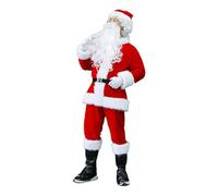 Traditional Deluxe Regal Plush Father Santa Claus Suit Fancy Dress Costume Hat, Wig, Beard, Gloves, Boot Covers, Half Moon Glasses 8Pcs Christmas Outfit, Unisex, Red and White, XL