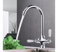 Traditional Dual Lever Kitchen Sink Mixer Tap - Chrome Brass Monobloc with 360° Swivel Spout, Ceramic Valve, UK Standard Flexi Hoses (1 Hole Deck Mount) for Kitchen/Bar/Washroom