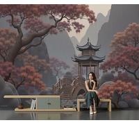 Traditional Eastern Landscape Photo Wallpaper 150 X 105 Cm, Classical Art Non Woven Fabric Wallpaper for Living Rooms, Bedrooms, Kitchens, Foyer, and Offices, Grey