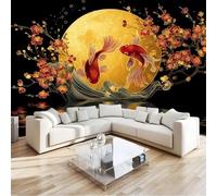 Traditional Elegant Goldfish Moon Waves Wall Mural Photo Wallpaper, Ochre Yellow Non-Woven Feature Wall Decor for Living Room, Bedroom & Study 350 x 256 cm