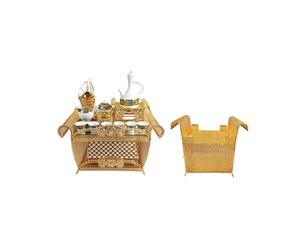 Traditional Eritrean Ethiopian Coffee Service Set, Gold Metal Rekebot Table, Decorative Mesh Pattern, White Porcelain Tea Set, Ornate Design
