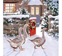 Traditional Festive Art - Large Square 160 x 160mm (6.5x6.5") - Seasons Greetings - Pack of 5 Premium Charity Christmas Cards - Tracks Publishing (Geese Waddling in Snow)