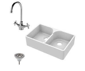 Traditional Fireclay 2 Bowl Stepped Weir Butler Kitchen Sink, Mono Mixer Tap & Waste - 795mm