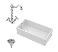 Traditional Fireclay Belfast Kitchen Sink with Overflow, 1 Bowl, French Classic Style Mixer Tap & Basket Strainer Waste - 895mm