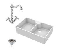 Traditional Fireclay Double Bowl Butler Kitchen Sink Stepped Weir with Classic Tap & Wastes - 895mm