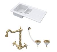 Balterley Traditional Fireclay Kitchen Bundle: 1.5 Bowl Sink & Drainer, Waste & French Classic Tap, 1010mm - Brushed Brass