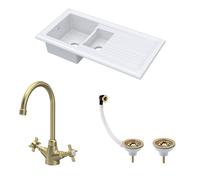 Traditional Fireclay Kitchen Bundle: 1.5 Bowl Sink with Drainer, Waste & Mono Crosshead Tap, 1010mm - Brushed Brass