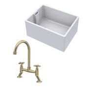 Traditional Fireclay Kitchen Bundle: 1 Bowl Belfast Sink & Bridge Crosshead Mixer Tap, 615mm - Brushed Brass