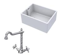 Traditional Fireclay Kitchen Bundle: 1 Bowl Belfast Sink & French Classic Mono Tap, 615mm - Brushed Nickel