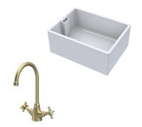 Traditional Fireclay Kitchen Bundle: 1 Bowl Belfast Sink & Mono Crosshead Handle Tap, 615mm - Brushed Brass