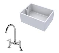 Traditional Fireclay Kitchen Bundle: 1 Bowl Belfast Sink with Bridge Mixer Tap, Waste, 615mm - Chrome
