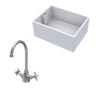 Traditional Fireclay Kitchen Bundle: 1 Bowl Belfast Sink with Mono Crosshead Handle Tap, 615mm - Brushed Nickel