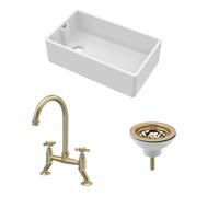 Fireclay Kitchen Bundle - 795mm 1 Bowl Belfast Sink with Strainer Waste & Bridge Crosshead Tap, Brushed Brass