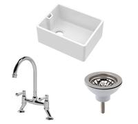 Balterley Fireclay Kitchen Bundle - 595mm 1 Bowl Belfast Sink With Strainer Waste & Bridge Mixer Tap, Chrome