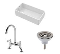 Traditional Fireclay Kitchen Bundle: 1 Bowl Belfast Sink with Strainer Waste & Bridge Mixer Tap, 895mm - Chrome