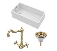 Traditional Fireclay Kitchen Bundle: 1 Bowl Belfast Sink with Strainer Waste & French Classic Mono Tap, 895mm - Brushed Brass
