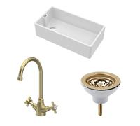 Traditional Fireclay Kitchen Bundle: 1 Bowl Belfast Sink with Strainer Waste & Mono Crosshead Handle Tap, 895mm - Brushed Brass