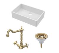 Fireclay Kitchen Bundle - Single Bowl Butler Sink, Waste & Classic Mono Tap, 795mm - Brushed Brass - Balterley
