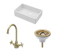 Traditional Fireclay Kitchen Bundle: 1 Bowl Butler Sink, Waste & Mono Crosshead Tap - 795mm - Brushed Brass