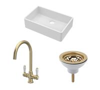Traditional Fireclay Kitchen Bundle: 1 Bowl Butler Sink, Waste & Mono Lever Handle Tap, 795mm - Brushed Brass