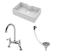 Traditional Fireclay Kitchen Bundle: 1 Bowl Butler Sink with Overflow & Ledge, Waste & Bridge Mixer Tap, 795mm - Chrome