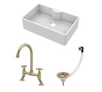 Balterley Traditional Fireclay Kitchen Bundle: 1 Bowl Butler Sink With Overflow & Ledge, Waste & Bridge Tap, 795mm - Brushed Brass