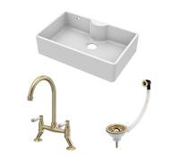 Traditional Fireclay Kitchen Bundle: 1 Bowl Butler Sink with Overflow & Ledge, Waste & Lever Tap, 795mm - Brushed Brass
