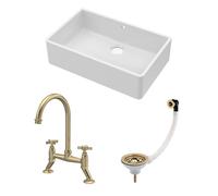 Traditional Fireclay Kitchen Bundle: 1 Bowl Butler Sink with Overflow, Waste & Bridge Mixer Tap, 795mm - Brushed Brass