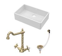 Traditional Fireclay Kitchen Bundle: 1 Bowl Butler Sink with Overflow, Waste & Classic Mono Tap, 795mm - Brushed Brass