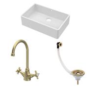 Traditional Fireclay Kitchen Bundle: 1 Bowl Butler Sink with Overflow, Waste & Mono Crosshead Tap, 795mm - Brushed Brass