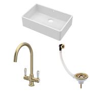 Traditional Fireclay Kitchen Bundle: 1 Bowl Butler Sink with Overflow, Waste & Mono Lever Handle Tap, 795mm - Brushed Brass