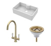 Traditional Fireclay Kitchen Bundle: 1 Bowl Butler Sink with Tap Ledge, Waste & Mono Lever Tap, 795mm - Brushed Brass