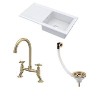 Balterley Fireclay 1 Bowl Sink Drainer Waste Tap 1010mm Brushed Brass in White Balterley White
