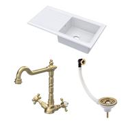 Traditional Fireclay Kitchen Bundle: 1 Bowl Sink & Drainer with Waste & French Classic Tap, 1010mm - Brushed Brass