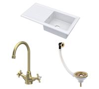 Traditional Fireclay Kitchen Bundle: 1 Bowl Sink & Drainer with Waste & Mono Crosshead Tap, 1010mm - Brushed Brass