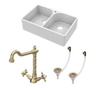 Traditional Fireclay Kitchen Bundle: 2 Bowl Full Weir 1 Tap Hole Butler Sink w/ Wastes & Classic Tap, 795mm - Brushed Brass