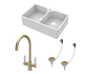 Traditional Fireclay Kitchen Bundle: 2 Bowl Full Weir 1 Tap Hole Butler Sink with Wastes & Lever Tap, 795mm - Brushed Brass