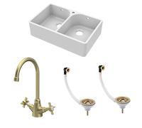 Balterley Fireclay Kitchen Bundle - 2 Bowl Full Weir 1 Tap Hole Butler Sink With Wastes & Mono Tap - 795mm - Brushed Brass