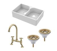 Traditional Fireclay Kitchen Bundle: 2 Bowl Stepped Weir Butler Sink, Wastes & Bridge Crosshead Tap, 795mm - Brushed Brass