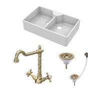 Traditional Fireclay Kitchen Bundle: 2 Bowl Stepped Weir Butler Sink, Wastes & French Classic Tap, 895mm - Brushed Brass