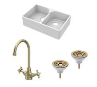 Traditional Fireclay Kitchen Bundle: 2 Bowl Stepped Weir Butler Sink, Wastes & Mono Crosshead Tap, 795mm - Brushed Brass