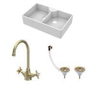 Traditional Fireclay Kitchen Bundle: Double Bowl Butler Sink Stepped Weir with Wastes & Mono Crosshead Tap, 895mm - Brushed Brass