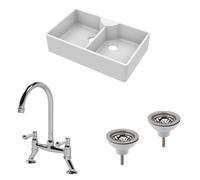 Traditional Fireclay Kitchen Bundle: Double Bowl Butler Sink with 2 Wastes & Bridge Lever Tap, 895mm - Chrome