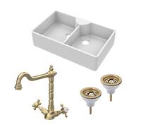 Traditional Fireclay Kitchen Bundle: Double Bowl Butler Sink with Wastes & French Classic Tap, 895mm - Brushed Brass