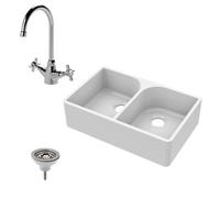Traditional Fireclay Kitchen Bundle: Double Bowl Full Weir Butler Kitchen Sink, Mono Mixer Tap & Waste - 795mm