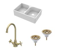 Traditional Fireclay Kitchen Bundle: Double Bowl Full Weir Butler Sink No Overflow with Wastes & Mono Tap, 795mm - Brushed Brass