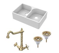Traditional Fireclay Kitchen Bundle: Double Bowl Stepped Weir Butler Sink, Wastes & French Classic Tap, 795mm - Brushed Brass