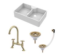 Traditional Fireclay Kitchen Bundle: Double Bowl Stepped Weir Butler Sink with Wastes & Bridge Crosshead Tap, 895mm - Brushed Brass